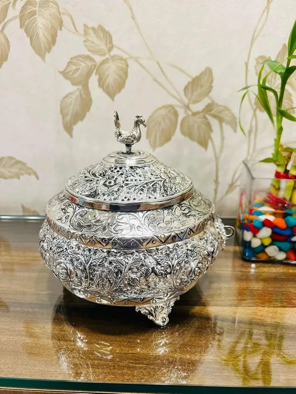 German_Silver_Antique_Engraved_Peacock_Dry_Fruit_Storage_Box