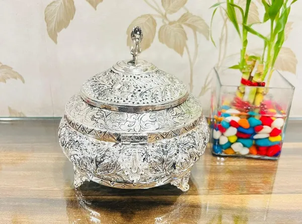 German_Silver_Antique_Engraved_Peacock_Dry_Fruit_Storage_Box