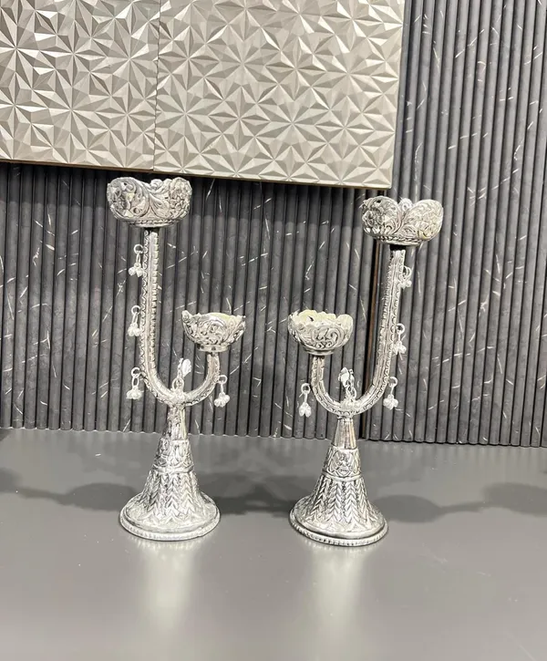German_Silver_Antique_Twin_Parrot_Candle_Diya_Tree_Stand_Pair