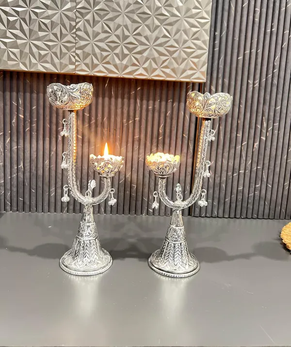 German_Silver_Antique_Twin_Parrot_Candle_Diya_Tree_Stand_Pair