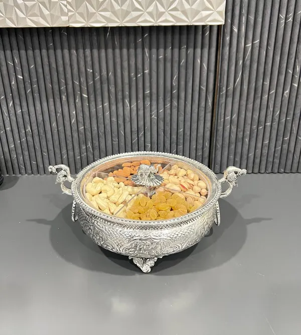 German_Silver_Hand_Engraved_Peacock_Urli_Dry_Fruit_Bowl_With_Lid