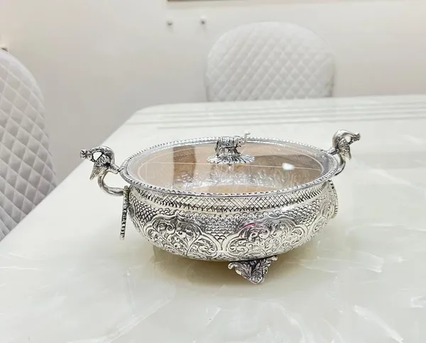 German_Silver_Hand_Engraved_Peacock_Urli_Dry_Fruit_Bowl_With_Lid