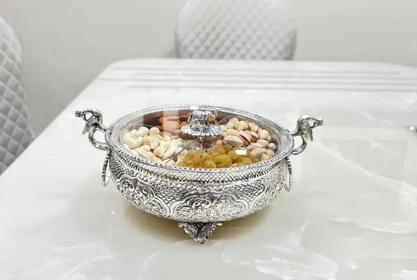 German_Silver_Hand_Engraved_Peacock_Urli_Dry_Fruit_Bowl_With_Lid