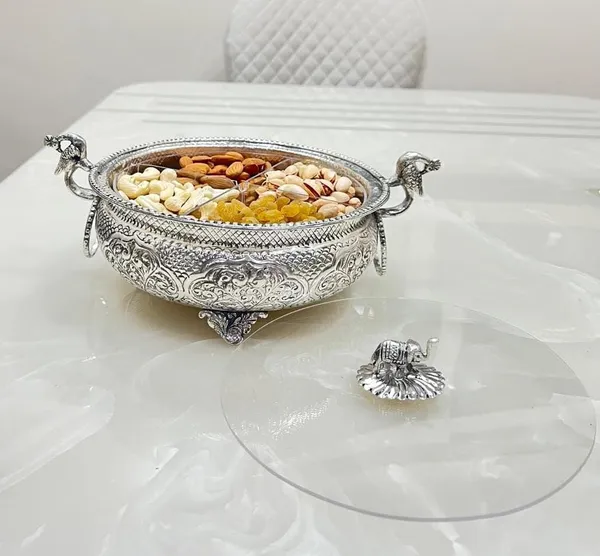 German_Silver_Hand_Engraved_Peacock_Urli_Dry_Fruit_Bowl_With_Lid
