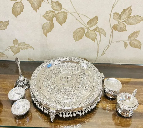 German_Silver_Hand_Engraved_Swastik_Pooja_Thali_Set_With_Stand