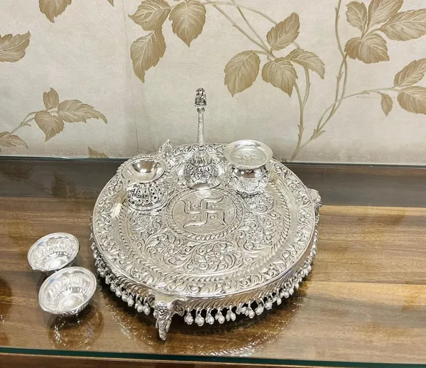 German_Silver_Hand_Engraved_Swastik_Pooja_Thali_Set_With_Stand
