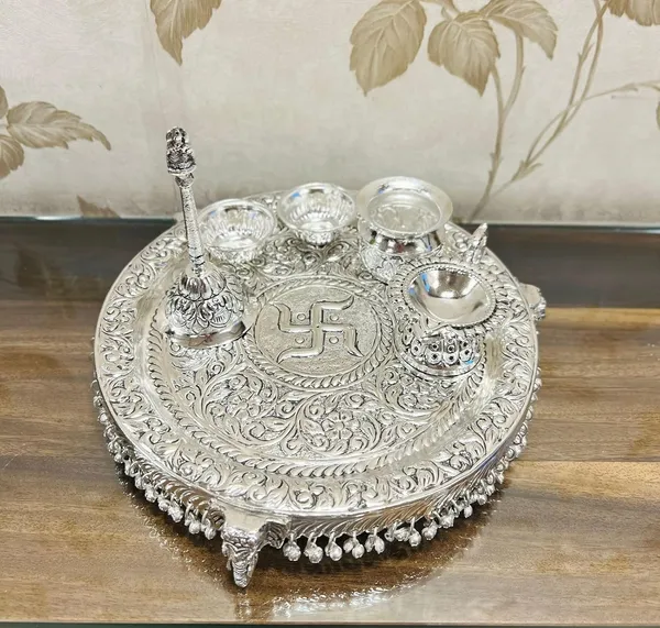 German_Silver_Hand_Engraved_Swastik_Pooja_Thali_Set_With_Stand