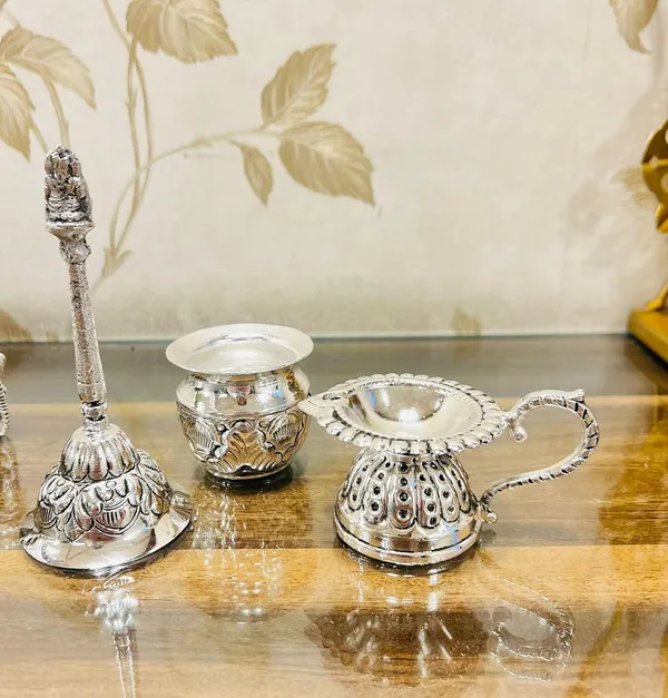 German_Silver_Hand_Engraved_Swastik_Pooja_Thali_Set_With_Stand