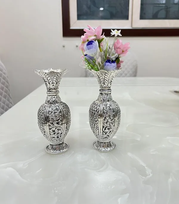 German_Silver_Polished_Decorative_Flower_Vase_Set_Of_2