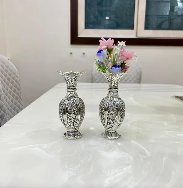 German_Silver_Polished_Decorative_Flower_Vase_Set_Of_2