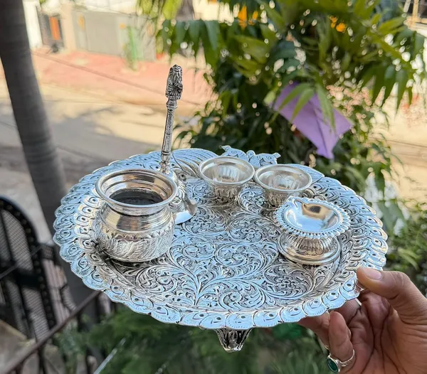 German_Silver_Hand_Engraved_Peacock_Design_Pooja_Thali_Set