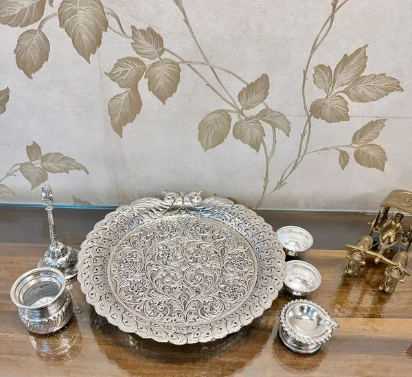 German_Silver_Hand_Engraved_Peacock_Design_Pooja_Thali_Set