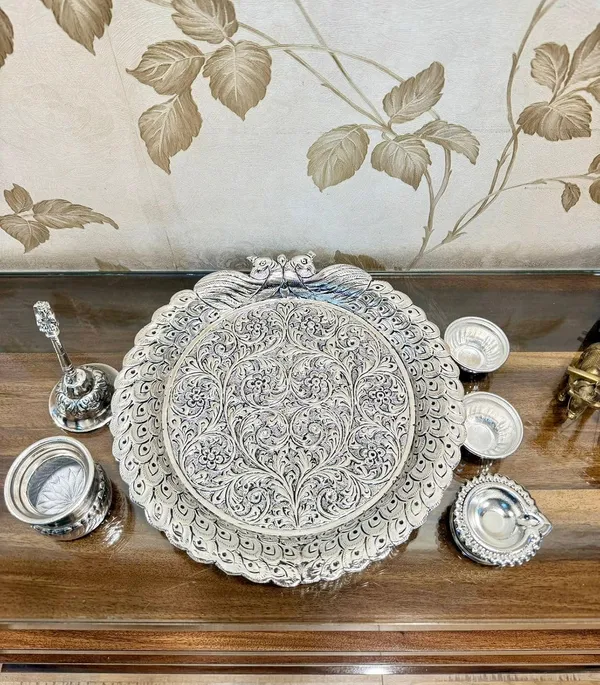 German_Silver_Hand_Engraved_Peacock_Design_Pooja_Thali_Set