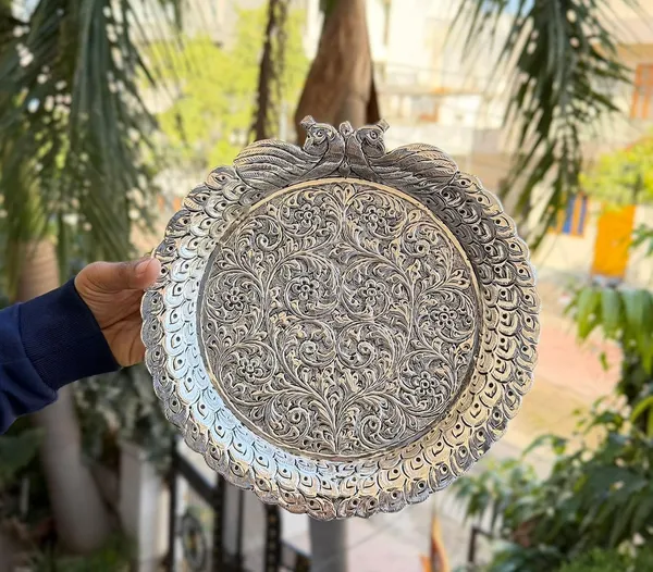 German_Silver_Hand_Engraved_Peacock_Design_Pooja_Thali_Set