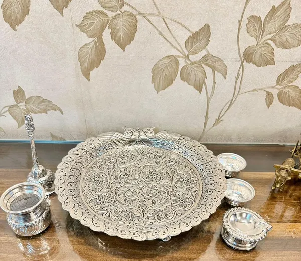 German_Silver_Hand_Engraved_Peacock_Design_Pooja_Thali_Set