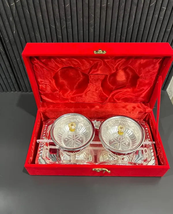 German_Silver_Elephant_Leg_Bowl_Set_With_Acrylic_Lid_And_Tray