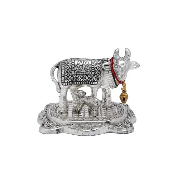 German_Silver_Kamdhenu_Cow_And_Calf_Decorative_Figurine
