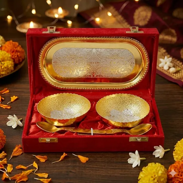 German_Silver_Golden_Plated_Bowls_And_Tray_5_Piece_Serving_Set