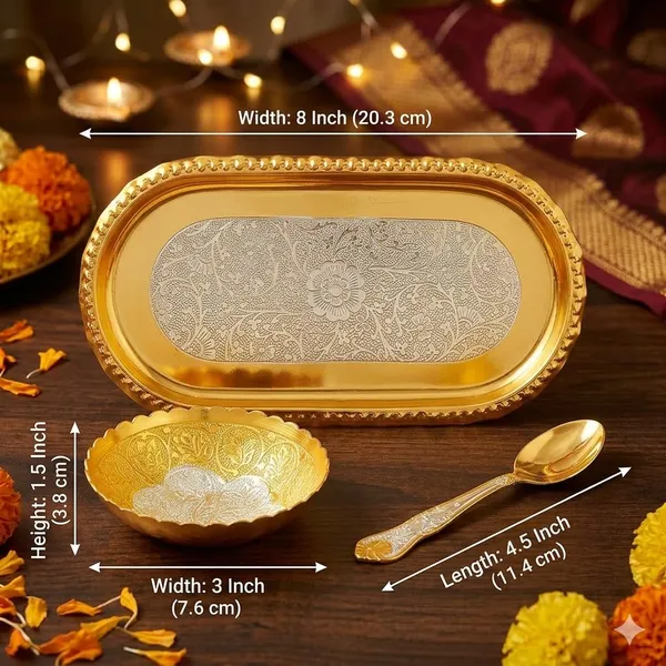 German_Silver_Golden_Plated_Bowls_And_Tray_5_Piece_Serving_Set