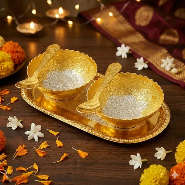 German_Silver_Golden_Plated_Bowls_And_Tray_5_Piece_Serving_Set
