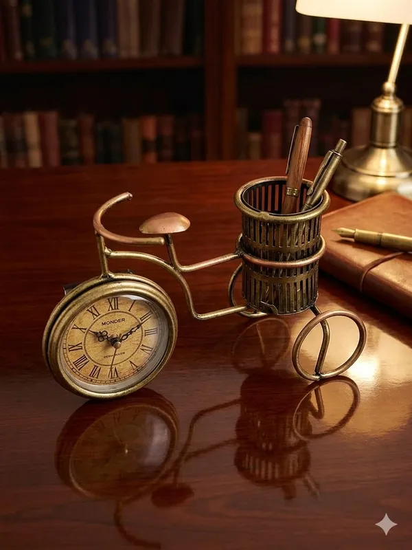 Iron_Bicycle_Shape_Pen_Stand_With_Clock_For_Office_Desk