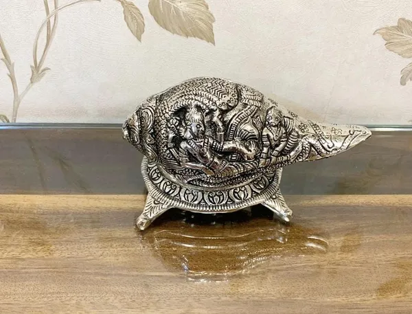 German_Silver_Hand_Engraved_Shankh_Carving_with_Vishnu_&_Laxmi_Ji_with_Stand_for_Temple_or_Mandir_-_Size_8_*_5_inch