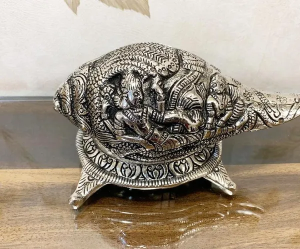 German_Silver_Hand_Engraved_Shankh_Carving_with_Vishnu_&_Laxmi_Ji_with_Stand_for_Temple_or_Mandir_-_Size_8_*_5_inch