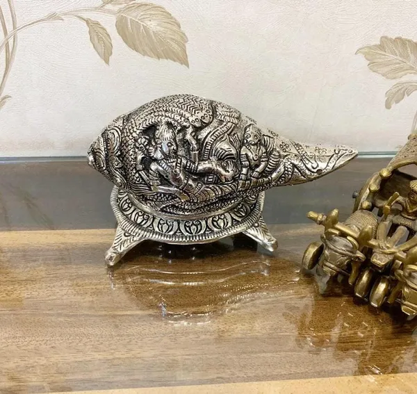 German_Silver_Hand_Engraved_Shankh_Carving_with_Vishnu_&_Laxmi_Ji_with_Stand_for_Temple_or_Mandir_-_Size_8_*_5_inch