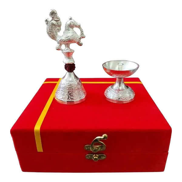 German_Silver_Rudraksh_Peacock_Bell_and_Diya_Set_with_Premium_Velvet_Gift_Box
