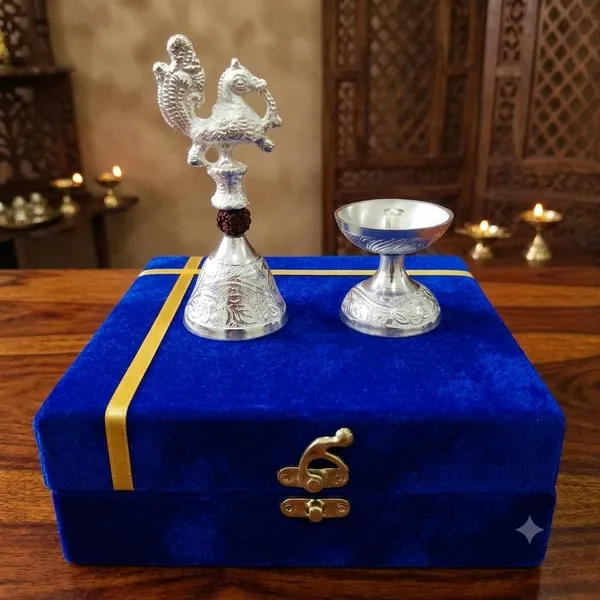 German_Silver_Rudraksh_Peacock_Bell_and_Diya_Set_with_Premium_Velvet_Gift_Box_pack_of_2