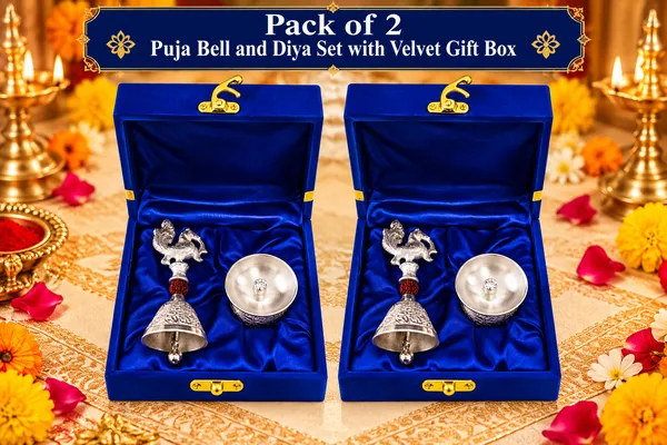 German_Silver_Rudraksh_Peacock_Bell_and_Diya_Set_with_Premium_Velvet_Gift_Box_pack_of_2