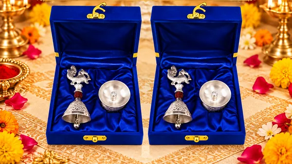 German_Silver_Rudraksh_Peacock_Bell_and_Diya_Set_with_Premium_Velvet_Gift_Box_pack_of_2