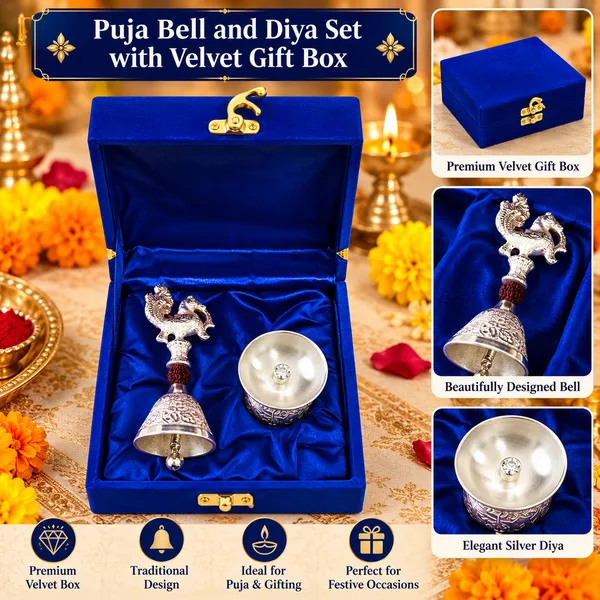 German_Silver_Rudraksh_Peacock_Bell_and_Diya_Set_with_Premium_Velvet_Gift_Box_pack_of_2