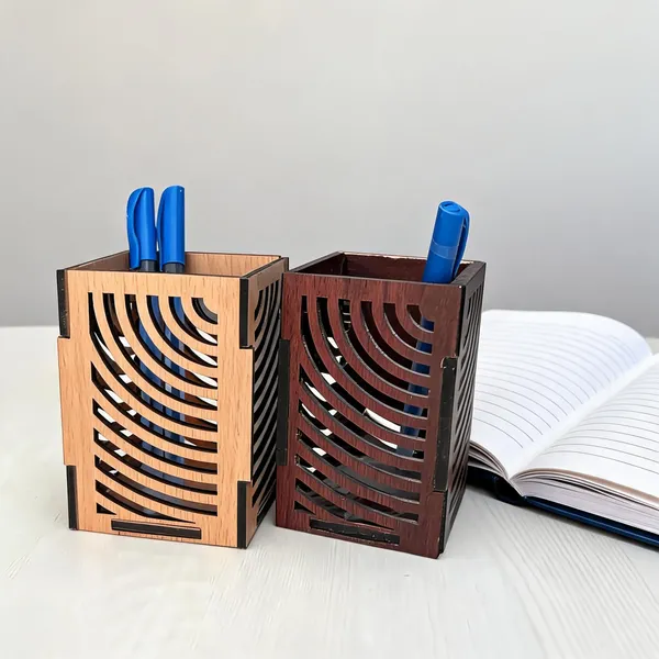 Mdf_Woodfinish_Laser_Cut_Wave_Pattern_Pen_Holder_Set_Of_2