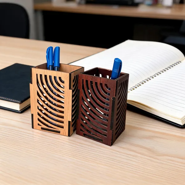 Mdf_Woodfinish_Laser_Cut_Wave_Pattern_Pen_Holder_Set_Of_2