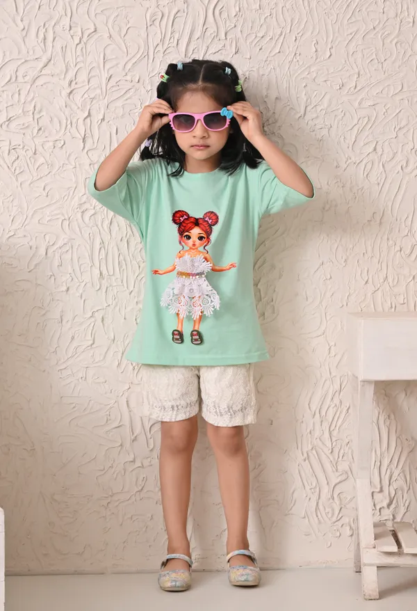 Mint_Green_Printed_T-Shirt_And_Shorts_Set_For_Girls