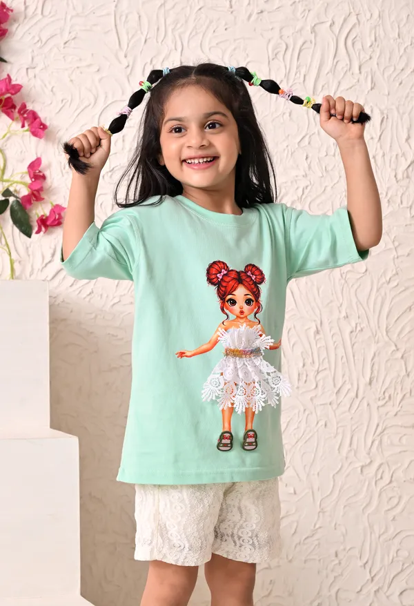 Mint_Green_Printed_T-Shirt_And_Shorts_Set_For_Girls