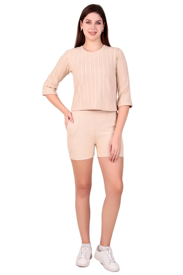 Cream_100%_Polyester_Top_Bottom_Set_For_Women