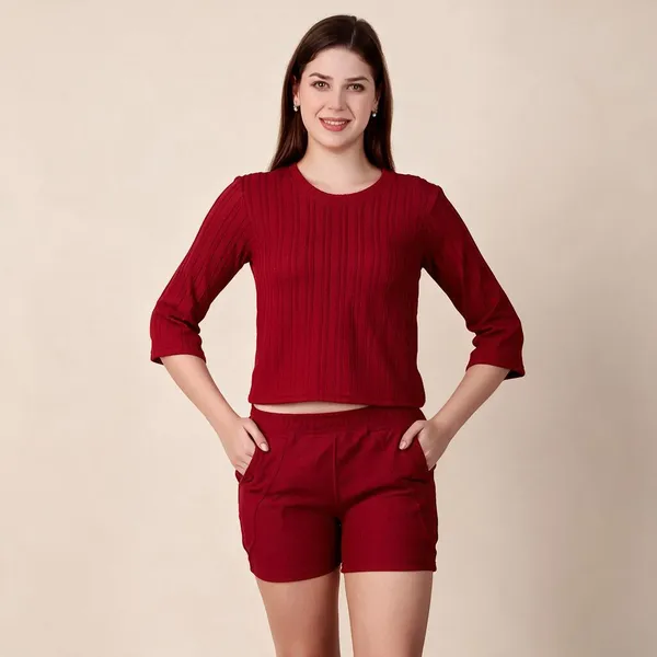 Maroon_100%_Polyester_Top_Bottom_Set_For_Women