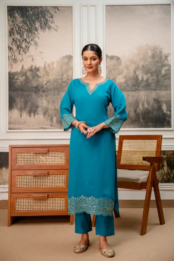 Teal_Embroidered_Straight_Kurta_Set_For_Women