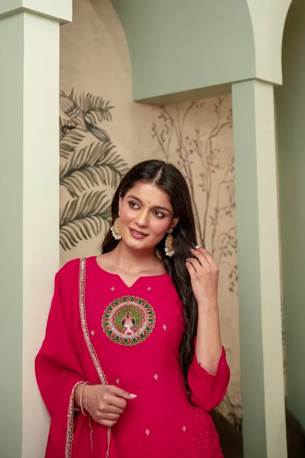 Raspberry_Pink_Premium_Mul_Chanderi_Kurta_Pant_Set
