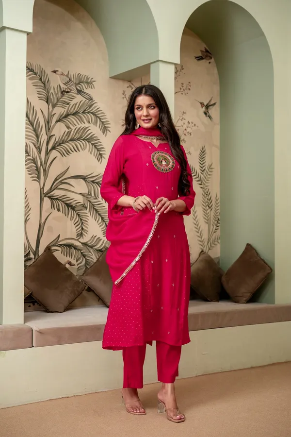 Raspberry_Pink_Premium_Mul_Chanderi_Kurta_Pant_Set