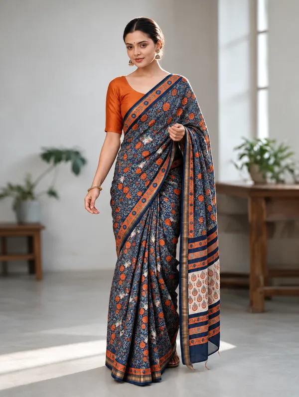 Neehar_Jaipur_Neel_Pushpika_Maheshwari_Silk_Saree_Burnt_Orange