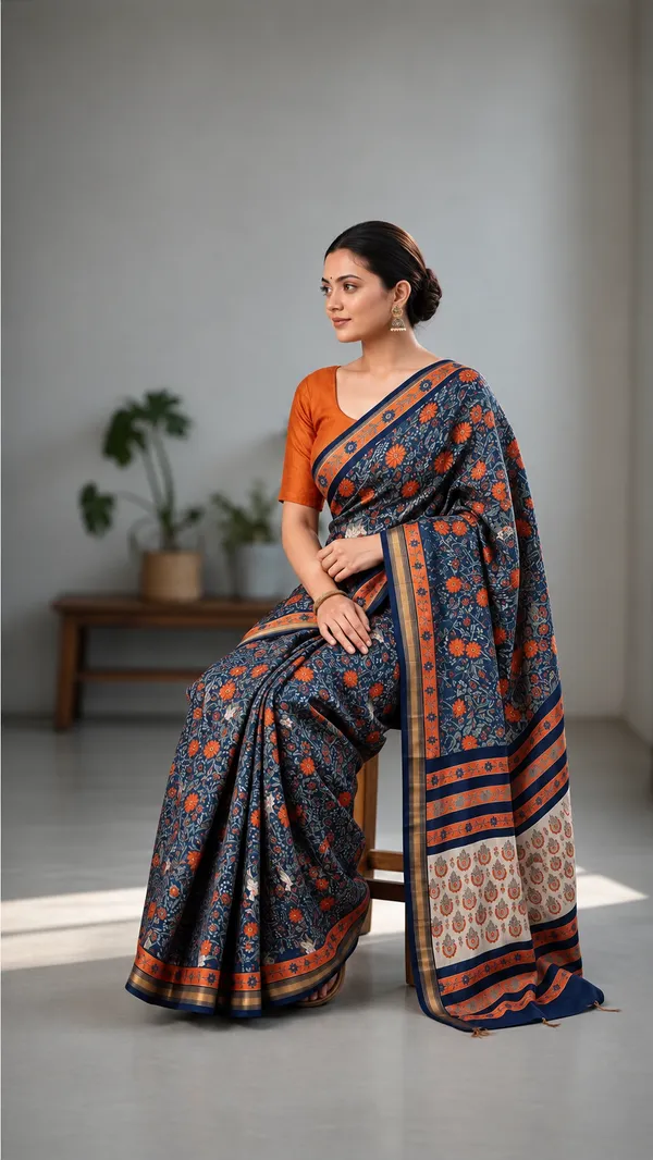 Neehar_Jaipur_Neel_Pushpika_Maheshwari_Silk_Saree_Burnt_Orange