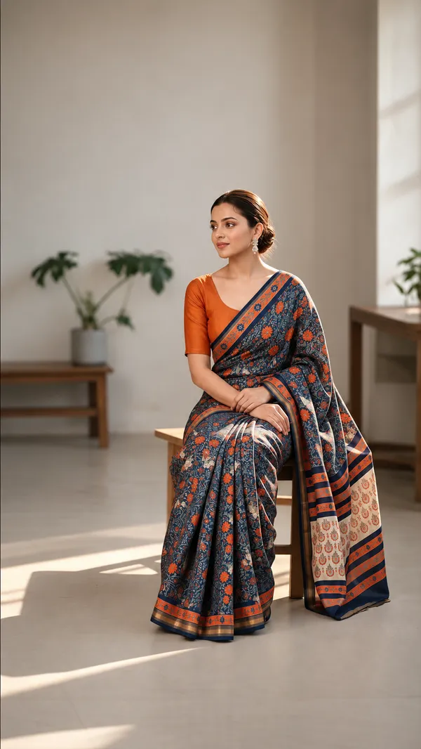 Neehar_Jaipur_Neel_Pushpika_Maheshwari_Silk_Saree_Burnt_Orange