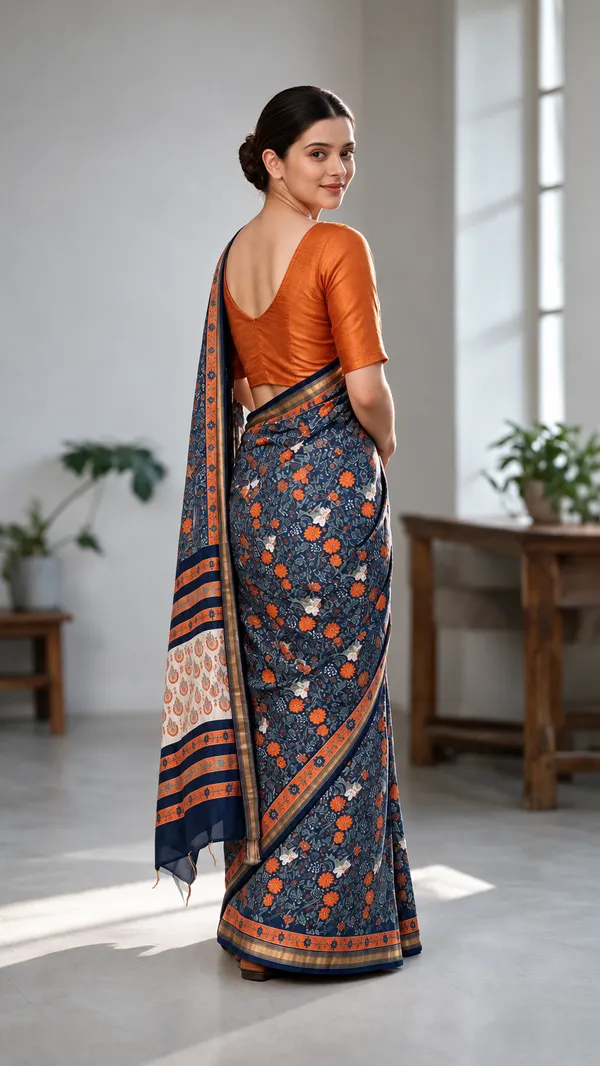 Neehar_Jaipur_Neel_Pushpika_Maheshwari_Silk_Saree_Burnt_Orange