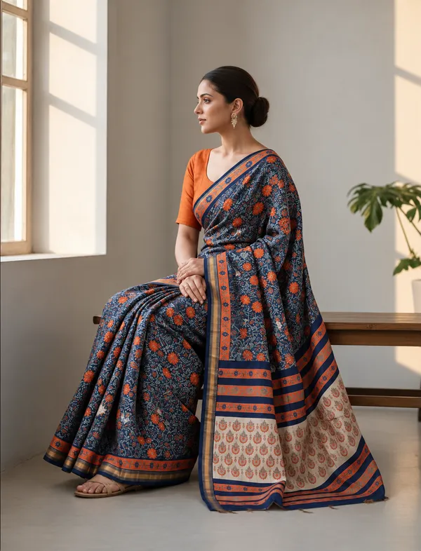 Neehar_Jaipur_Neel_Pushpika_Maheshwari_Silk_Saree_Burnt_Orange
