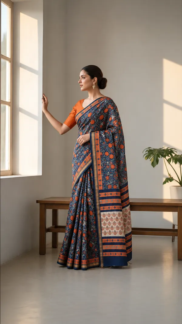 Neehar_Jaipur_Neel_Pushpika_Maheshwari_Silk_Saree_Burnt_Orange