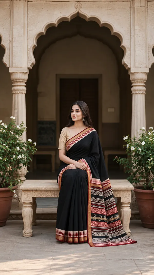 Neehar_Jaipur_Shyam_Tarang_Black_Maheshwari_Silk_Saree