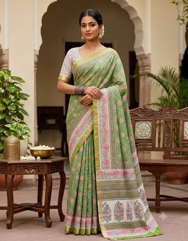Green_Maheshwari_Silk_Floral_Print_Saree_For_Women